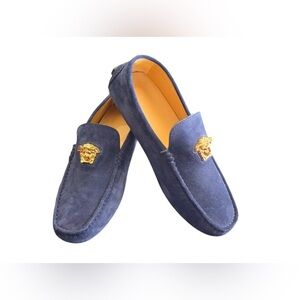 Versace Medusa Blue and Gold Slip-On Driving Loafers NEW
